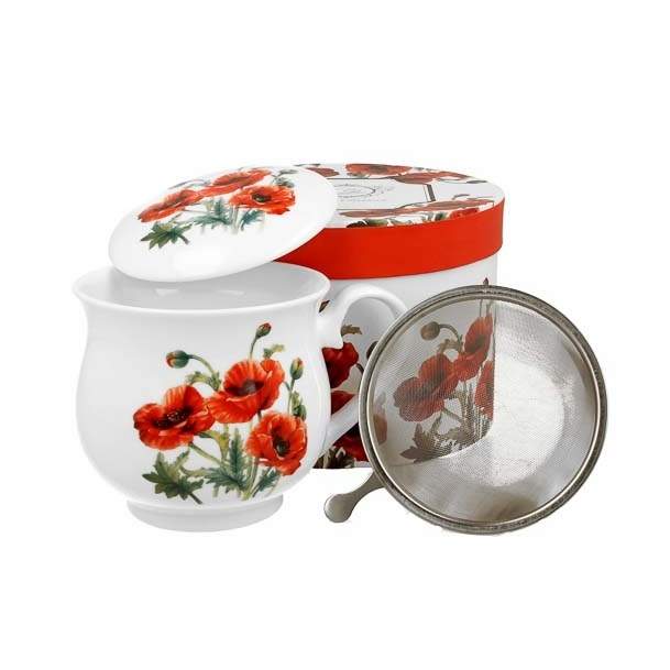 Hrnek retro porcelánový se sítkem a víčkem POPPIES 480ml Paramit