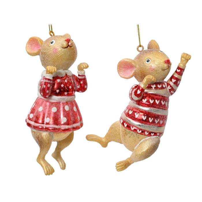 Ozdoba skleněná myš chlapec/dívka s glitry červeno-hnědá 13cm Kaemingk