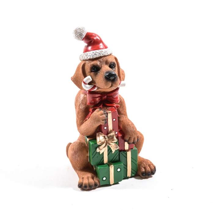 Pes sedící s dárky polyresinový hnědý 18cm MERCURY SRL