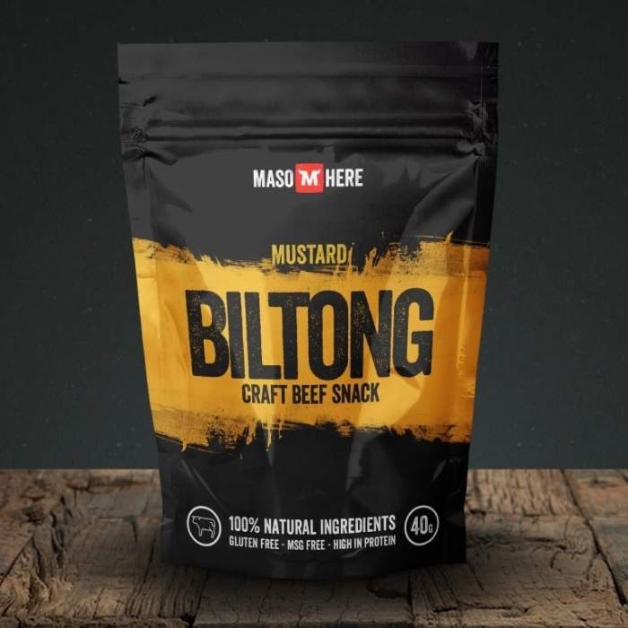 Maso sušené BILTONG hovězí Hořčice 40g MASO HERE s.r.o.