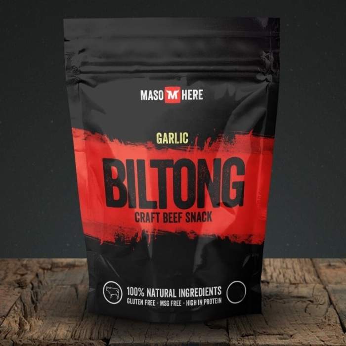 Maso sušené BILTONG hovězí Česnek 150g MASO HERE s.r.o.