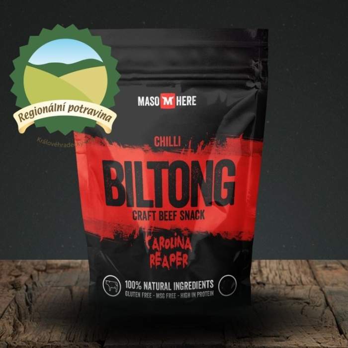 Maso sušené BILTONG hovězí Carolina Reaper 150g MASO HERE s.r.o.